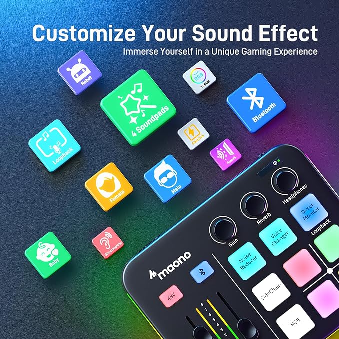 MAONO Gaming Audio Mixer &amp XLR Dynamic Microphone Audio Interface with Pro-preamp RGB Bluetooth 48V Phantom Power for Live Streaming Podcasting Content Create Gaming
