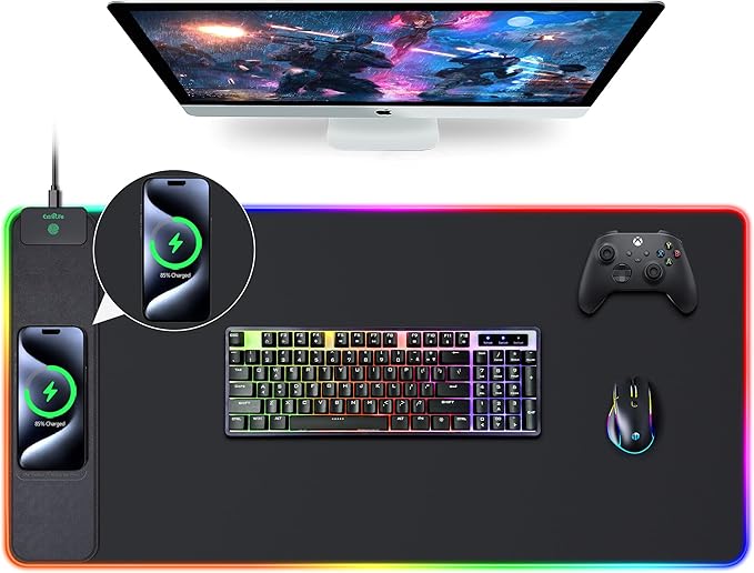 Wireless Charging Mouse Pad RGB Gaming Desk Mat 31.5x15.7 Large XXL Desk Pad 15 Lighting Modes Ultra-Smooth Surface Non-Slip Mouse Mat Waterproof Computer Keyboard Pad for Desk Office Black