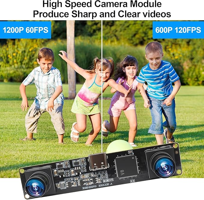 MMlove USB Stereo Camera Module 1200P 60FPS Global Shutter Synchronous Dual Lens 600P 120FPS High Speed 3D Webcam 94° Viewing Angle Lightburn Camera for VR Face RecognitionPC/Laptop/Raspberry Pi