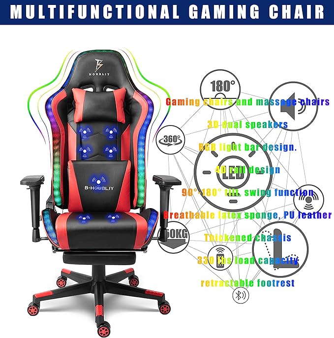 TBQATNTS RGB LED Light Ergonomic Gaming Chair - Built-in Speakers Full Body Massage High-Back Office Recliner with Footrest - Comfortable Computer Chair Ideal for Adults and Teens.Red