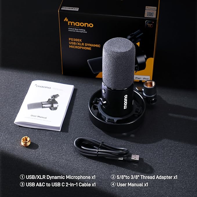 MAONO Dynamic Microphone-XLR USB Podcast Recording Mic: for Vocal Recording Content Creation Home Studio Voiceover with 192kHz/24bit Noise Reduction Mic Gain Monitoring Mute (PD300X)