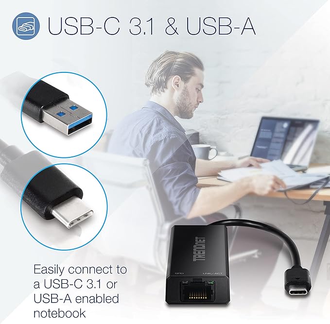 TRENDnet USB-C 3.1 to 2.5GBASE-T Ethernet Adapter TUC-ET2G NDAA &amp TAA Compliant Windows &amp Mac Compatible USB Type-C to USB-A Converter Included Up to 2.5Gbps Speeds Black