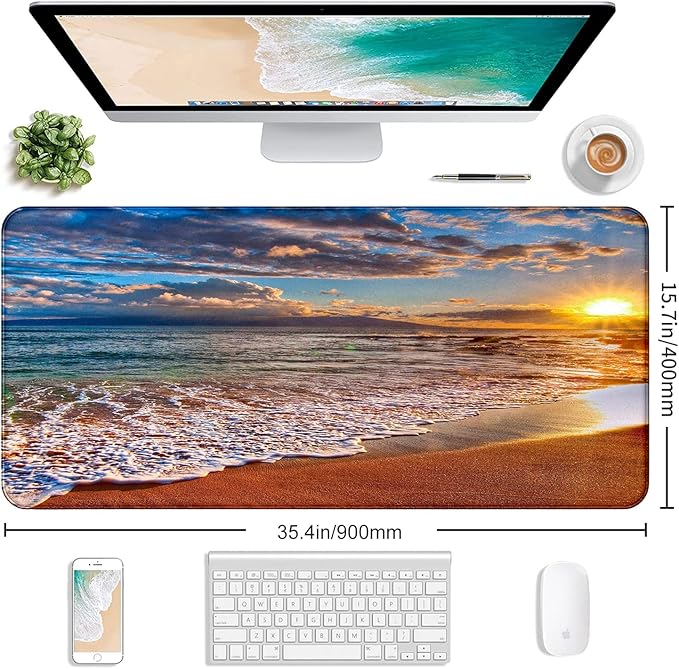 Large Extended Gaming Mouse Pad with Stitched Edges Non-Slip Waterproof Rubber Base Mouse Pad for Office Computer Keyboard Laptop and Home Desk Pad 35.4 x 15.7 x 0.12 Inch (Beach At Sunset)