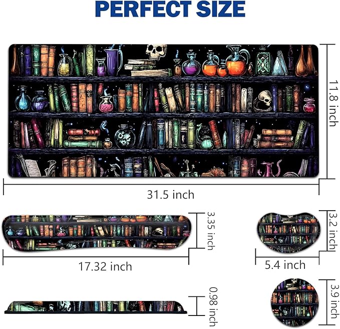 Large Mouse Pad + Keyboard Wrist Rest Set Extended Gaming Mousepad (31.5X11.8 inch) with Non-Slip Rubber Ergonomics Memory Foam Mouse Wrist Rest Support Vintage Bookshelf Painting XXL Desk Pad