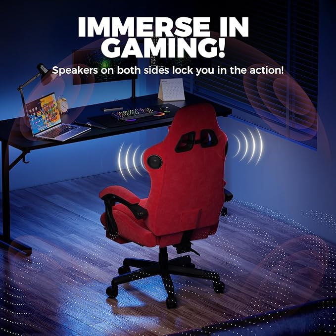 GTPLAYER ACE-PRO Music Gaming Chairs – Built-in Speakers App Support &amp Bluetooth Control Computer Game Chairs with Footrest for Adults Ergonomic Reclining Linkage Armrest Cherry Red 【Velvet】