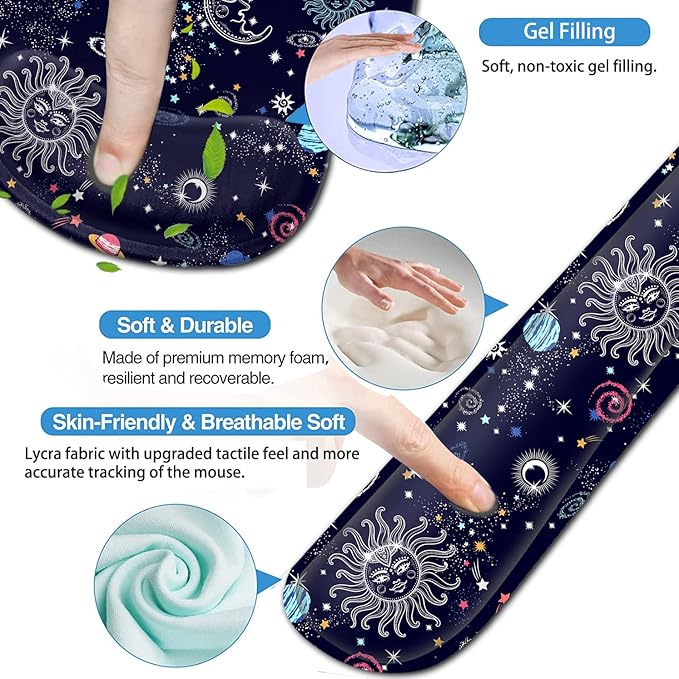 Ergonomic Mouse Pad Gel Wrist Support and Memory Foam Keyboard Wrist Rest Set for Gaming Computer Office Laptop Easy Typing Wireless Mouse MatGalaxy Constellation Sun Moon Cosmic Office Desk Pad