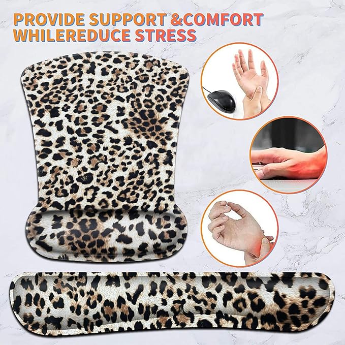 Keyboard Wrist Rest Pad and Ergonomic Mouse Pad Wrist Support Set Leopard for Gaming Office Comfortable and Pain Relief with Coaster Set