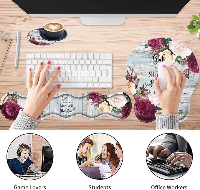3 in 1 Keyboard Wrist Rest + Mouse Pad and Coaster Ergonomic Gel Mouse Pad and Keyboard Pad Set Comfortable Lightweight for Easy Typing Pain Relie Bible Flower Psalm 46-5