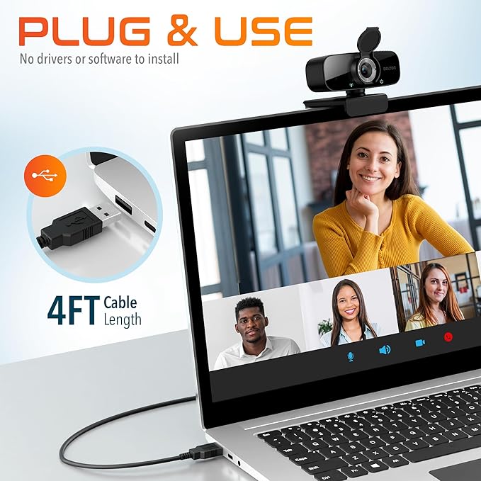 Delton C24 USB Webcam with Microphone HD 1080p Wired Webcam 2 Megapixels Wide Field of View Auto Focus Noise Canceling Mic USB Computer Camera Compatible with Computer/Laptop/iMac - Black