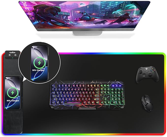 Mouse Pad with Wireless Charging RGB Gaming Mousepad Large Desk Mat with Ultra-Smooth Surface Non-Slip Mouse Mat Waterproof Computer Keyboard Pad for Gaming Desk Office PC 800x400x4MM Black
