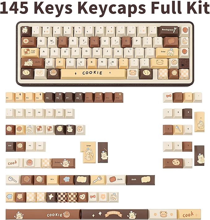Brown White PBT Keycaps Cute Custom Keyboard Keycaps 60 75 100% Dye Sublimation Kawaii Anime Keycap 145 Keys Set for Cherry Gateron MX Switches