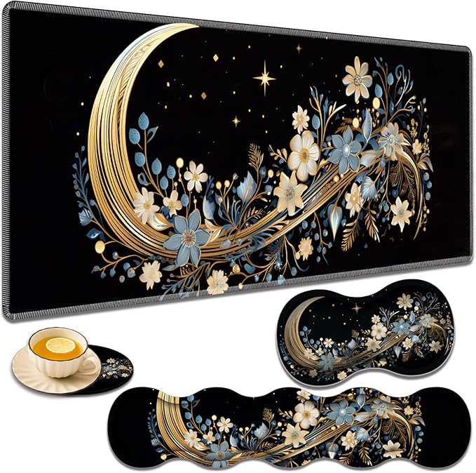 Gaming Mouse Pad Set Large Gaming Mouse Pad+Keyboard Wrist Rest+Mouse Wrist Rest+Coaster Easy Typing Pain Relief 31.5 × 11.8 inch Desk Mat for Home Office - Moon Floral Flower