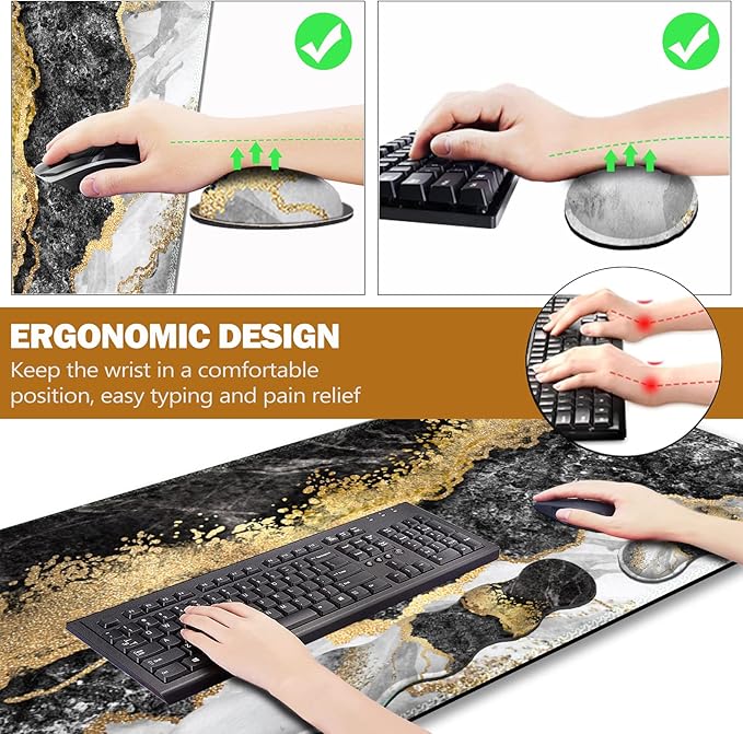 Upgraded Extended Gaming Mouse Pad Keyboard Wrist Rest Pad Wrist Support Mousepad Set Artso Large Stable Rubber Base Stitched Edges Multifunctional Desk Pad 35 x15.5 in Black Grey Marble