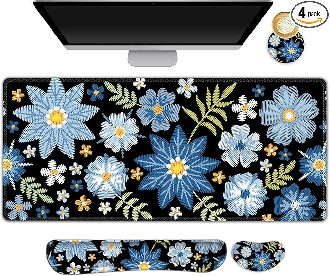Large Gaming Mouse Pad Set 4 in1 Ergonomics Keyboard Desk Mat with Memory Foam Wrist Rest Computer PC Extended Game Mousepad Non-Slip Desk Pad Matt Easy Typing Pain Relief I Forget-me-not