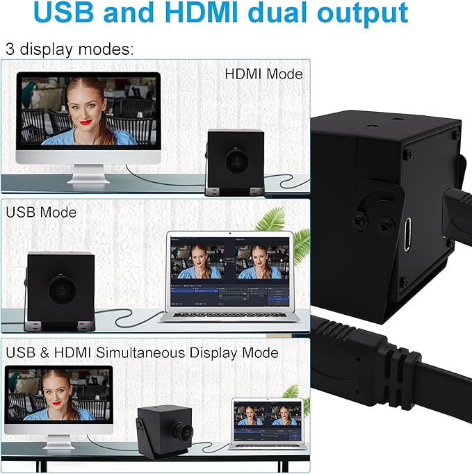 MMlove 4K HDMI Camera High Speed 30FPS USB Camera 8MP Streaming Webcam with 170° Wide Angle Fisheye Lens H.265 2X Digital Zoom Simultaneous Output Close up Lightburn Camera for PC Laptop