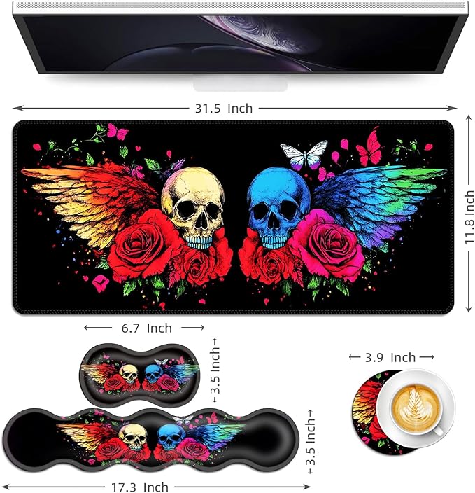 Keyboard Mouse Pad Set Extended Gaming Mouse Pad+Ergonomics Keyboard Wrist Rest Support Memory Foam Easy Typing Pain Relief 4Pcs XL Ultra Thick Desk MatRainbow Skulls Wings Roses