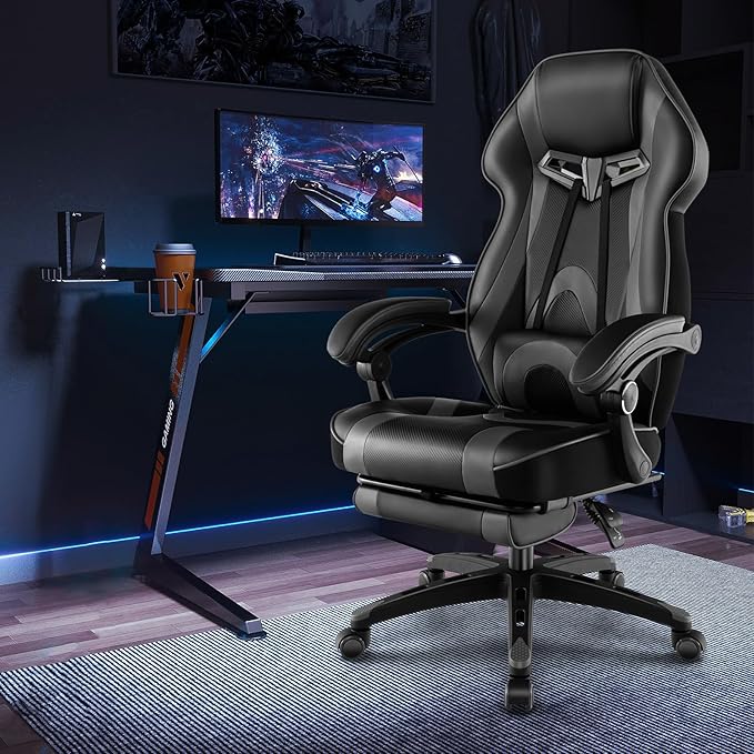 COSTWAY Gaming Chair Ergonomic Adjustable Racing Video Game Chair w/Retractable Footrest Padded Headrest &amp Lumbar Support High Back Reclining Home Office Computer Gamer Chair for Adults (Grey)