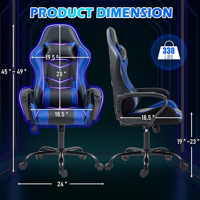 ECOTOUGE Gaming Chair Ergonomic Video Game Chair with Massage Lumbar Support &amp Rocking High Back 360° Swivel Computer Gamer Chair for Gaming or Office Height Adjustable Blue