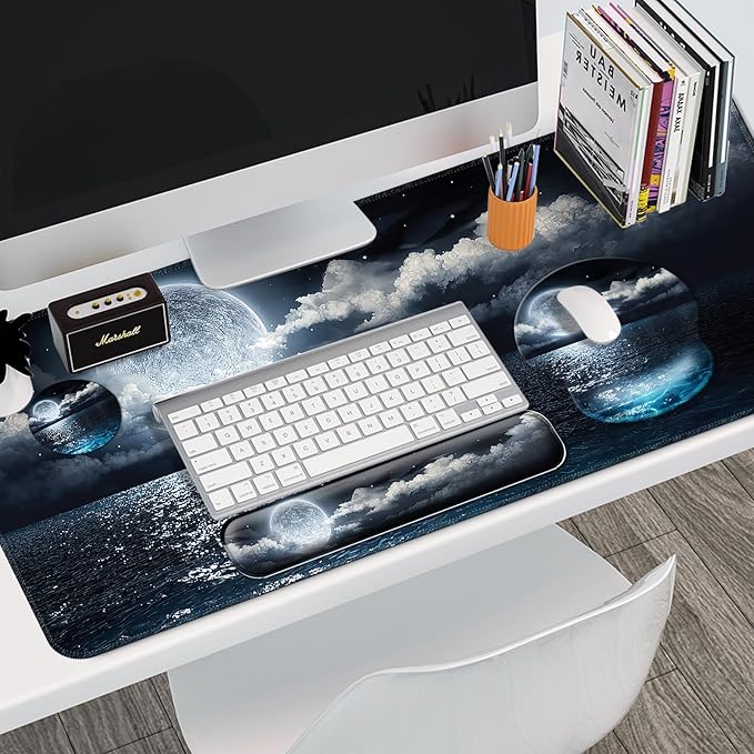 Mouse Pad + Desk Mat + Keyboard Wrist Rest + Coaster 4 in 1 Set Cute Ergonomic Large Gaming Mousepad with Wrist Rest Support Desk Pad for Computer Laptop Office Home Decor-Moon Ocean