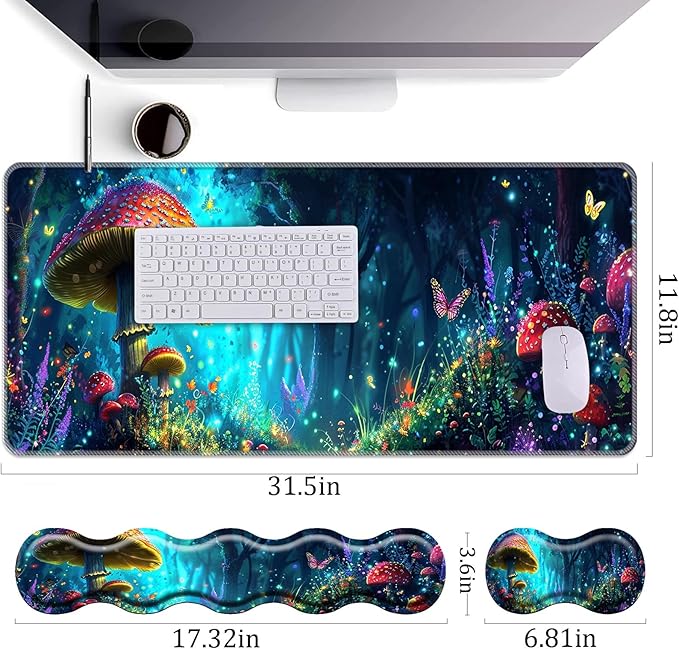 Keyboard Wrist Rest+Mouse Wrist Pad+Desk Pad SetMemory Foam Ergonomic Easy Typing Pain Relief for Computer Laptop Office Home - Mushrooms and Butterflies