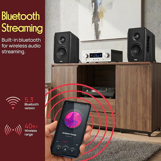 Pyle Powered Bookshelf Speaker System with Bluetooth 80W Active Stereo Speakers Bass Reflex Natural Wood Cabinet Hi Def ARC Optical Coax Subwoofer Out for Home Theater Computer Studio (Pair)