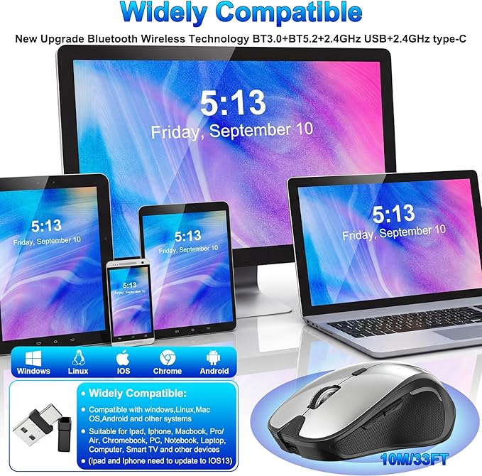 Mouse for MacBook Bluetooth Wireless Mouse Laptop MacBook Air Mac Pro Silent Rechargeable PC iPad Optical Mouse with Jiggler Dual Mode Switch Bluetooth 5.2/3.0 and 2.4GHz USB Type-C Receiver PURPLE