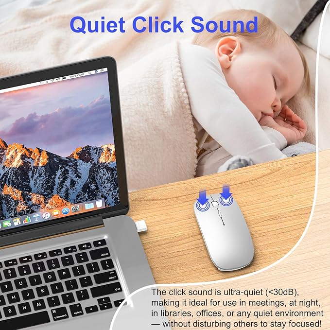 Bluetooth Wireless Mouse for MacBook Air Mac Pro iPad Laptop Computer Pad Optical Rechargeable Slim Silent Dual Mode (2.4G USB-C/USB-A&ampBluetooth 5.2/3.0) Mouse Jiggler for Computer Awakening - Sil