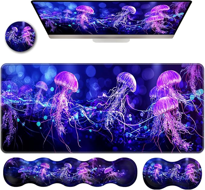 Ergonomic Keyboard Wrist Rest &amp Mouse Pad Wrist Rest SetXL Gaming Desk Mat 31.5x 11.8Non-Slip BaseMemory FoamEasy Typing Pain Relief for Office &amp HomeNeon Purple Jellyfish