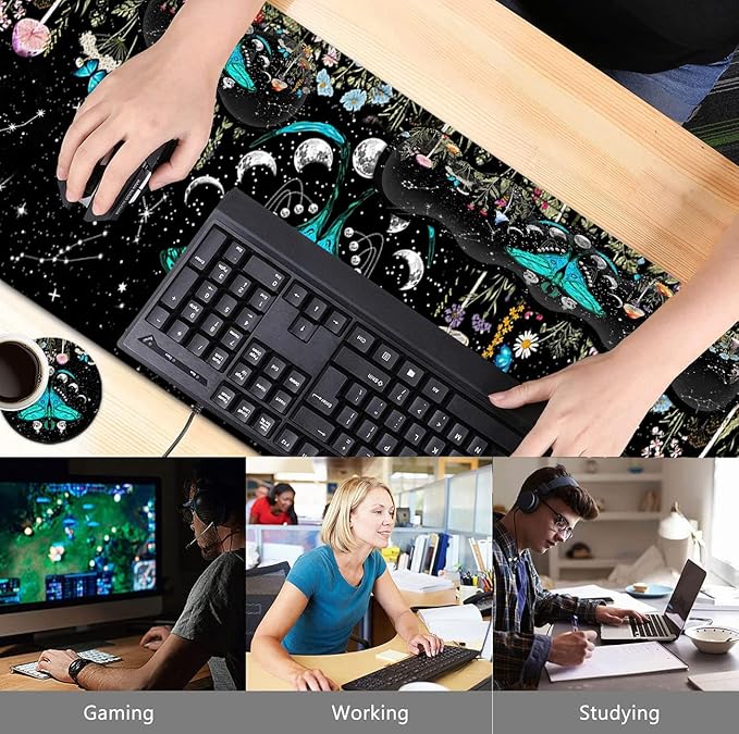 Large Mouse Pad Ergonomic Mouse Wrist Support + Keyboard Wrist Rest Set+ Extended Gaming Mouse Pad Moth Moon Phase Witchy Office Desk Mat Black Writing Mat Laptop Protector Accessories Desk Pad