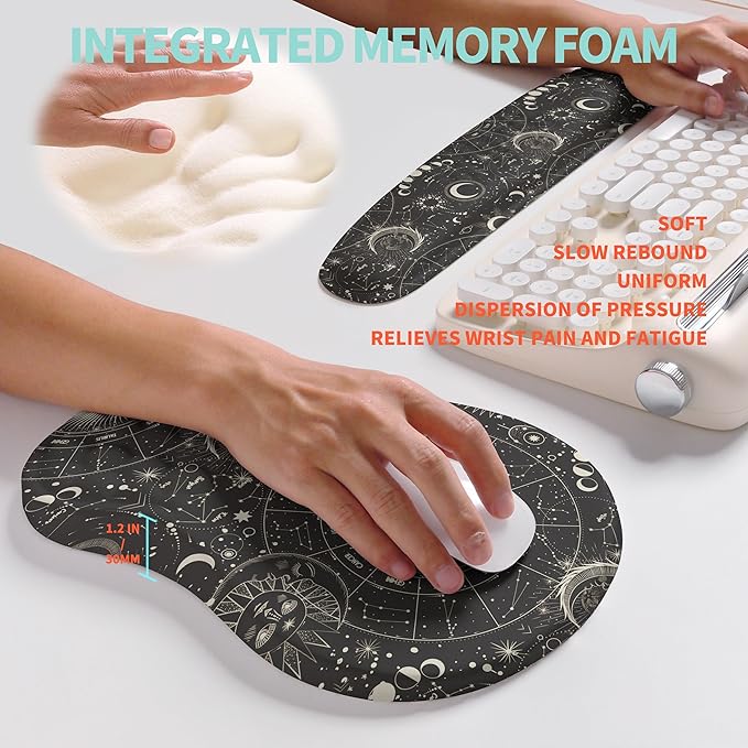 2-in-1 Ergonomic Set Wave Rise Keyboard Wrist Rest and Massage Bulge Slope Mouse Pad Wrist Support Cushion Memory Foam Integrated to Relieve Wrist Pain Constellation