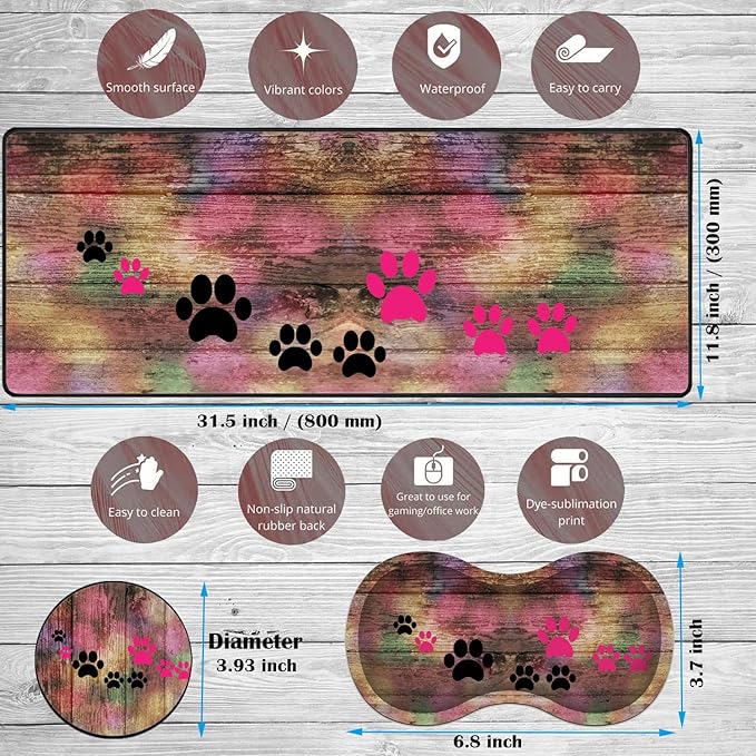 Large Game Mouse Pad + Wrist Support Pad + Coffee Coaster Rustic Rainbow Woodgrain Dog Paw Foldable Table Mat with Stitched Edge Non-Slip Set Pad Suitable for Office Work and Home