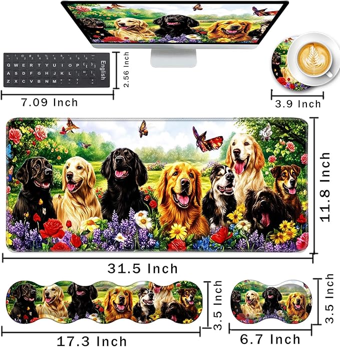 Keyboard Wrist Rest and Mouse Pad with Wrist Support Set Ergonomic CoasterMemory FoamEasy Typing Pain ReliefLarge XL Desk Mat 31.5x 11.8Dog with Butterflies and Flowers
