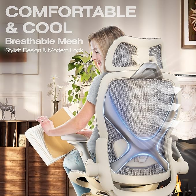 ELABEST X100 Ergonomic Office Chair with Footrest Big and Tall Home Desk Chair with 5D Flip-Up Arms Adjustable 3D Lumbar SupportHigh Back Rolling Computer Chair Swivel Mesh Chairs (Frosted Dawn)