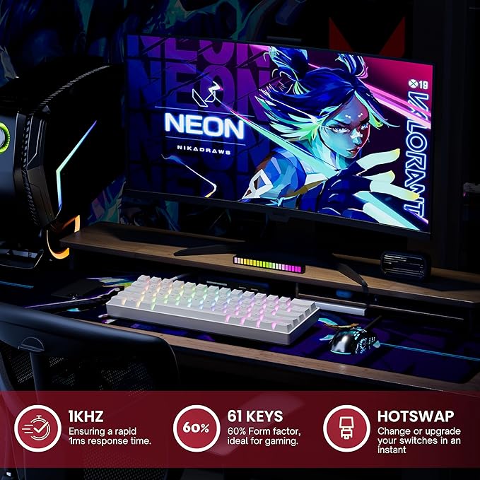 HK GAMING GK61 60% v3 | Hotswap Mechanical Gaming Keyboard | 61 Keys Multi Color RGB LED Backlit for PC/Mac Gamer | US Layout (White Cherry Mx Red)