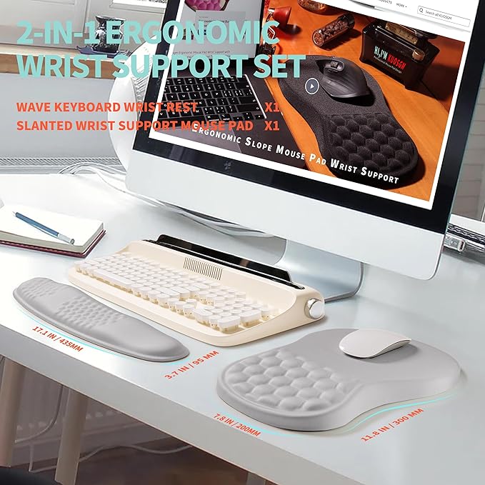 2-in-1 Ergonomic Set Wave Rise Keyboard Wrist Rest and Massage Bulge Slope Mouse Pad Wrist Support Cushion Memory Foam Integrated to Relieve Wrist Pain Silver Gray