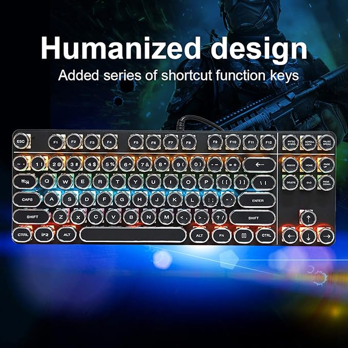 Mechanical Gaming Keyboard Retro Punk Typewriter Style USB Wired Computer Keyboard with RGB Backlit and Round Keycaps Plug and Play Black Ergonomic PC Keyboard for Laptop