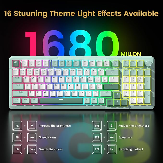 Redragon K742 Wireless Mechanical Gaming Keyboard with Knob Bluetooth 5.0/2.4GHz/USB C Wired Creamy Keyboard with Number Pad for PC Computer RGB Backlits Hot-Swappable with Linear Switches (Green)