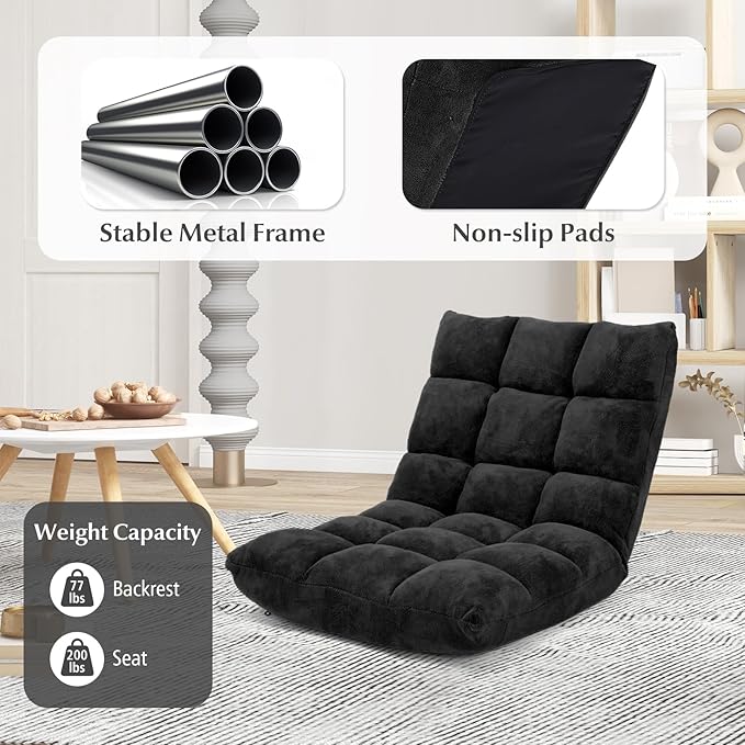 SIMOE 14-Position Foldable Floor Chair with Back Support Plush Coral Fleece Floor Seating for Kids Teens &amp Adults Padded Lazy Sofa Gaming Chair for Bedroom Reading &amp Dorm Black
