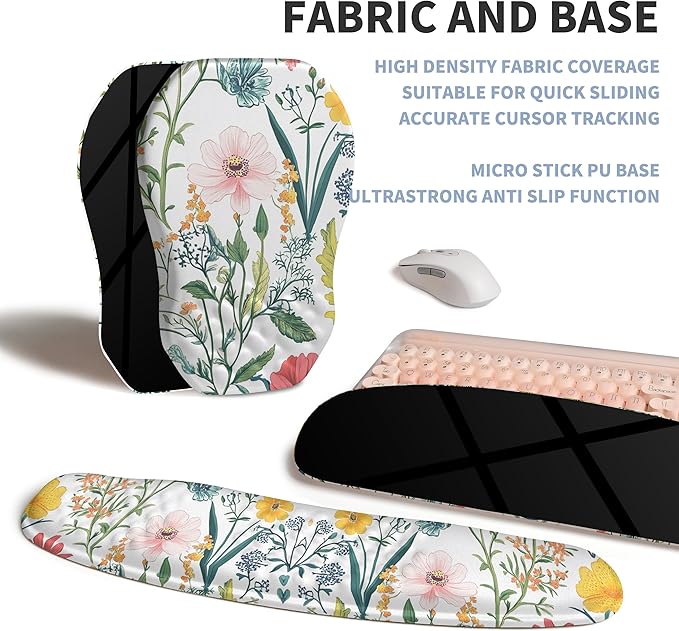 2-in-1 Ergonomic Set Wave Keyboard Wrist Rest and Massage Slope Mouse Pad Wrist Support Rebound Memory Foam for Relieve Carpal Tunnel Syndrome and Wrist Pain (Pink Flowers)