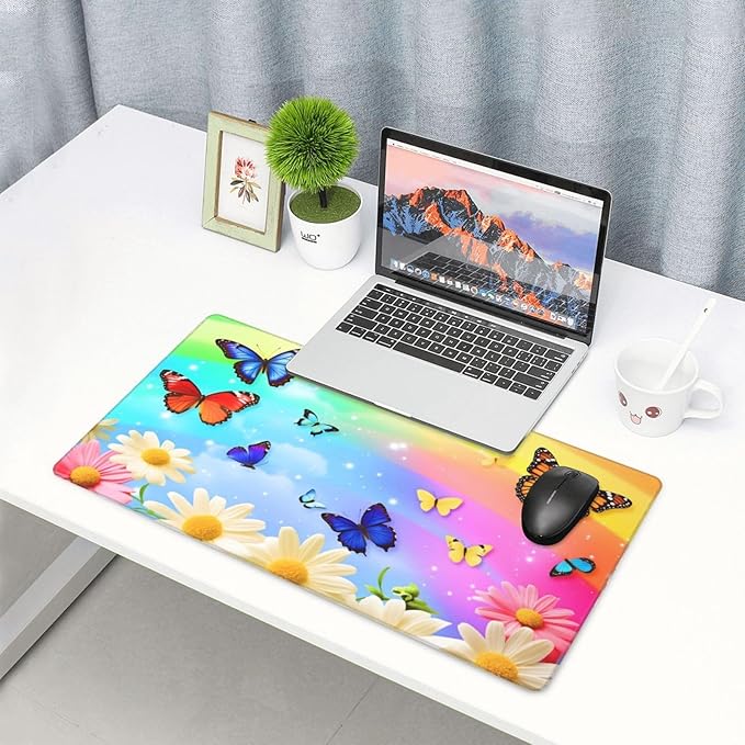 Butterflies On Daisies Rainbow Desk Cover MatExtended Large Mouse PadComputer Laptop Mat Desk Decor for Office Game Home 30x16 Inch