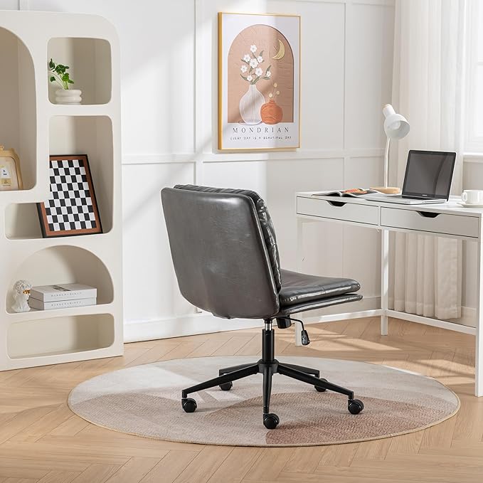 Adjustable Swivel Criss Cross Chair with Wheels Wide Seat Office Chair with PU Leather Computer Desk Chair with Ergonomic Support Modern Vanity Chair for Home &amp WorkspaceGray
