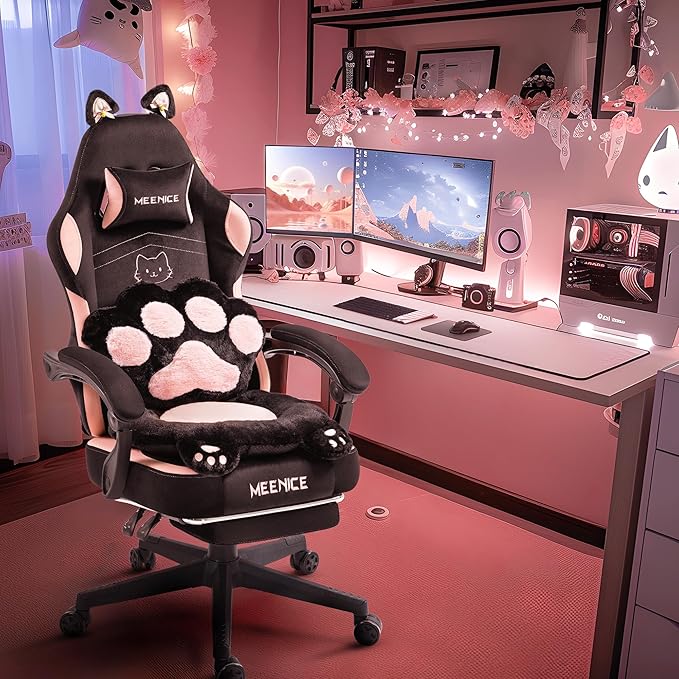 Pink Gaming Chair Cute with Cat Ears Paw Lumbar and CushionErgonomic Computer Chair with FootrestReclining PC Game Chair for Girl Computer Chair 300lbs for Adult