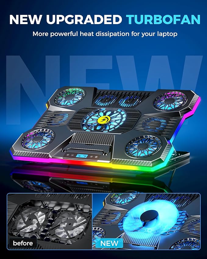 ChillCore Laptop Cooling Pad RGB Lights Laptop Cooler 9 Fans for 15.6-19.3 Inch Laptops Gaming Laptop Fan Cooling Pad with 8 Height Stands 2 USB Ports - A21 Blue
