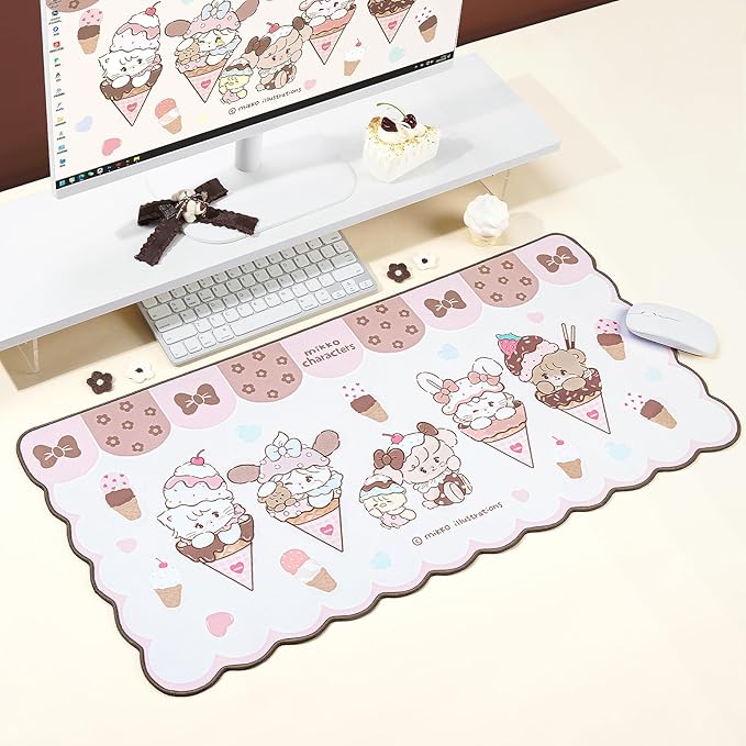 GeekShare Mouse Pad with Stitched Edge Non-Slip Rubber Base Large Gaming Mouse Pad Cute Cartoon Waved Edge Desk Mat for Gaming Home Office Work - Mikko Ice Cream