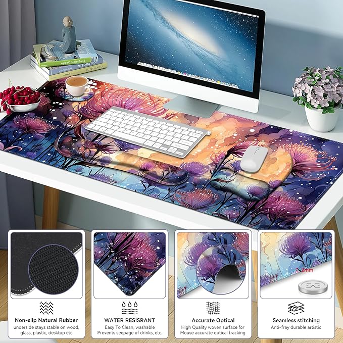4 in 1 Large Mouse Pad Keyboard Wrist Rest Set Ergonomic Mouse Pad with Wrist Support Desk Mat with Stitched Edges Extended Desk Pad Waterproof Desk Mat for Home Office I Blossom Purple Flower