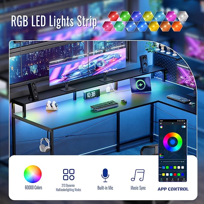 Pamray 64 Inch L Shaped Gaming Desk with Power Outlets and Led Lights Large Corner Computer Desk with Monitor Stand and Pegboard PC Table for Home Office and Bedroom Vintage