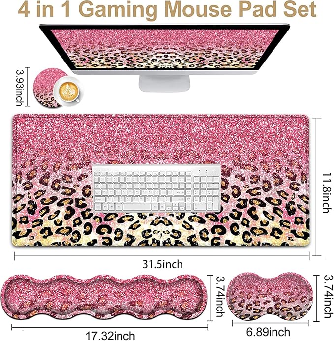 Memory Foam Keyboard Wrist Rest Support + Large Gaming Mouse Pad + Ergonomic Mouse Wrist Support Set Extended Desk Pad with Stitched Edges 31.5×11.8 Pink Leopard Glitter Mousepad Desk Mat