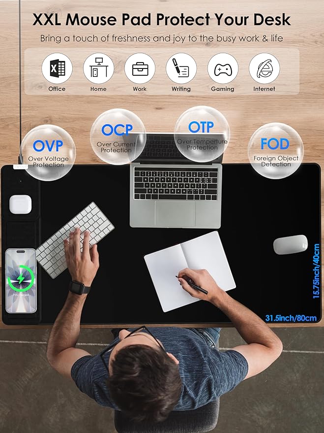 Wireless Charging Mouse Pad with Foldable Phone Holder 15W Magnetic Fast Charging for iPhone Samsung 31.5x15.75 Large Desk Mat for Laptop/Keyboard Waterproof Gaming Mousepad with Non-Slip Base