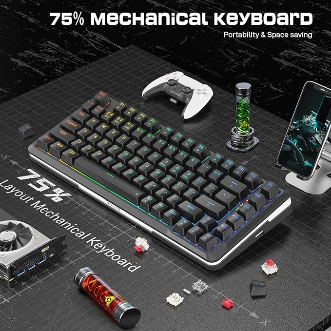 Redragon K713 Wireless Mechanical Keyboard Gasket Mounted RGB Gaming Keyboard 3-Mode (2.4G/BT/USB) Pre-Lubed Linear Red Switches 75％ Layout 82 Keys Hot Swappable for PC/Mac - Black