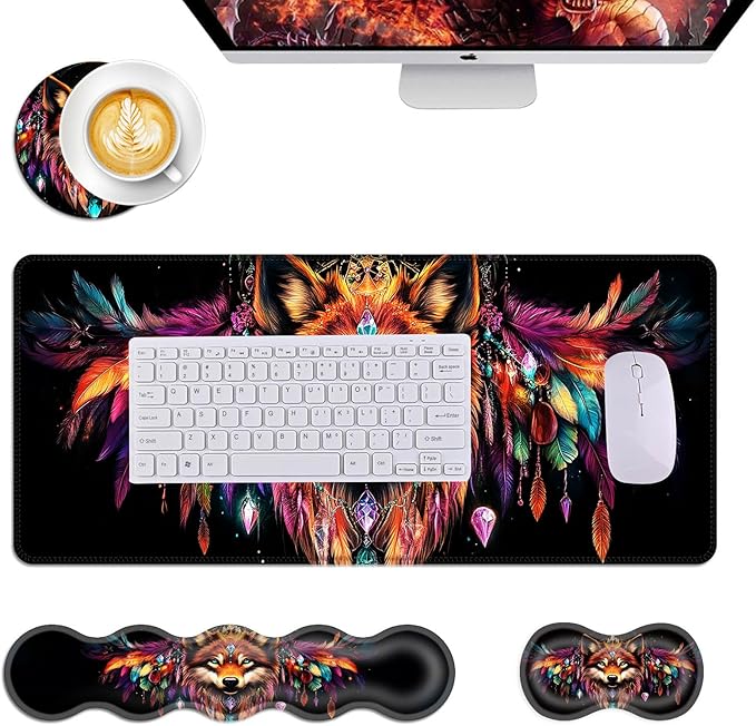 Mouse PadLarge Desk Mat Set 4in1 XL Mousepad + Keyboard Wrist Rest+Mouse Wrist Rest+Coaster with Ergonomic Desk Pad for Home Office Table Computer Cover -Wolf with Feathers